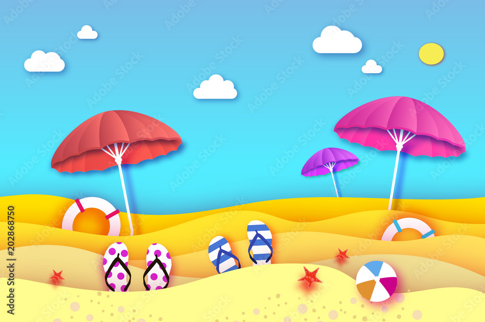 Red and pink parasol - umbrella in paper cut style. Origami sea and beach with lifebuoy. Sport ball game. Flipflops shoes. Vacation and travel concept. Summertime.