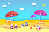 Red and pink parasol - umbrella in paper cut style. Origami sea and beach with lifebuoy. Sport ball game. Flipflops shoes. Vacation and travel concept. Summertime.