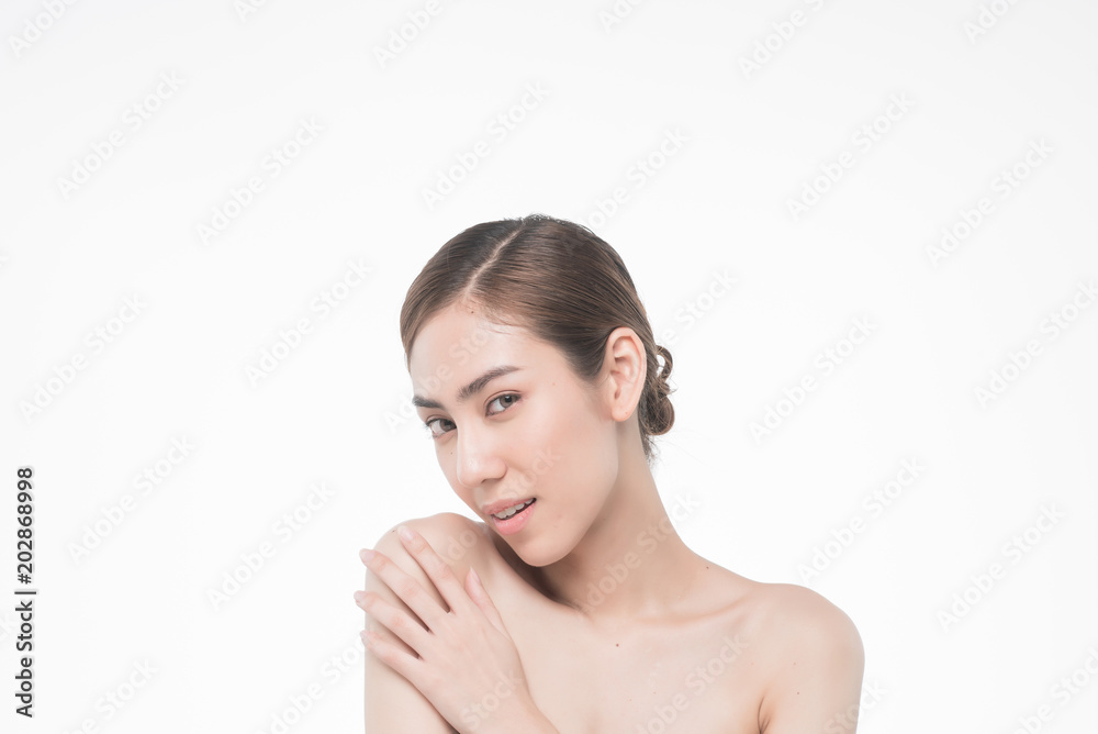 Young beautiful asia woman touching her body isolated on white background concept skincare cosmetic