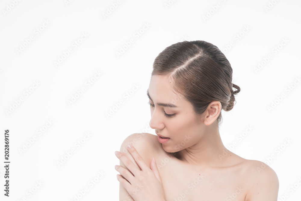 Young beautiful asia woman touching her body isolated on white background concept skincare cosmetic Young beautiful asia woman touching her body isolated on white background concept skincare cosmetic