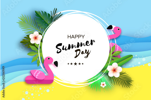 Tropical Summer Day. Pink Flamingo float. Origami beach. Crystal clear blue sea water. Summer holidays. Palm leaves, plants, flowers frangipani - Plumeria. Paper cut art. Circle frame. Text.