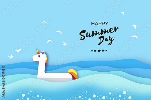 Giant inflatable Fantasy Unisorn in paper cut style. Origami Pool float toy. Crystal clear blue sea water. Summer holidays. Sunny days.