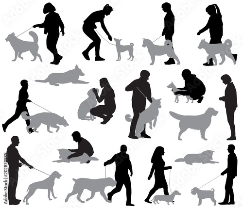 Silhouettes of people with dogs in different positions and situations