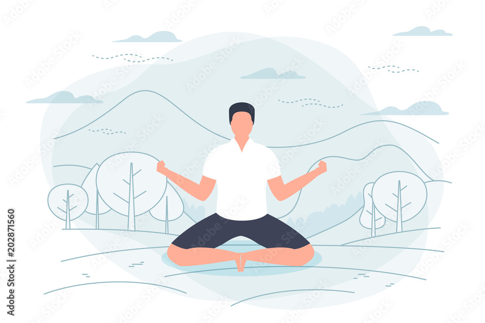 Vector illustration - man in yoga lotus pose. Park, forest, trees and hills on background. Banner, poster template with place for your text.