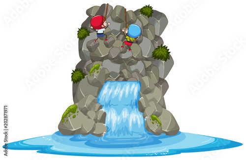 Kids Rock Climbing Over the Waterfall