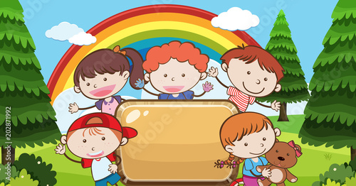 Kid Under Rainbow with Banner