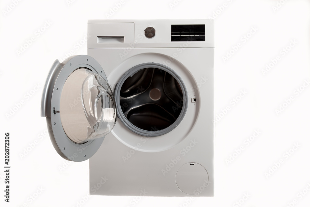 Pensioners received social assistance, new washing machine of the latest generation. They brought the washing machine home and installed it for inspection. Isolated on white background. Copy space