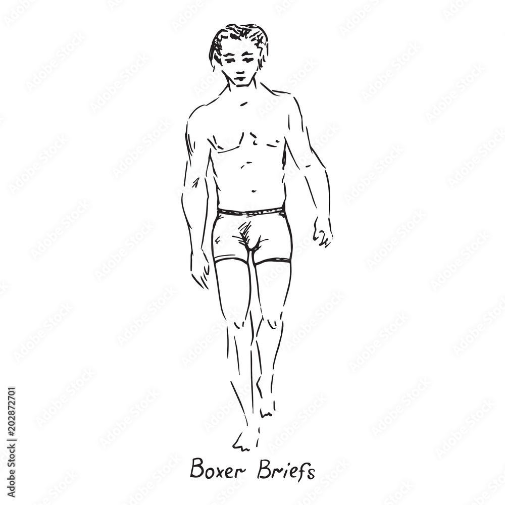 Portrait of sexy guy in boxer briefs type of swimsuit with inscription, hand drawn outline doodle, sketch in pop art style, black and white vector illustration