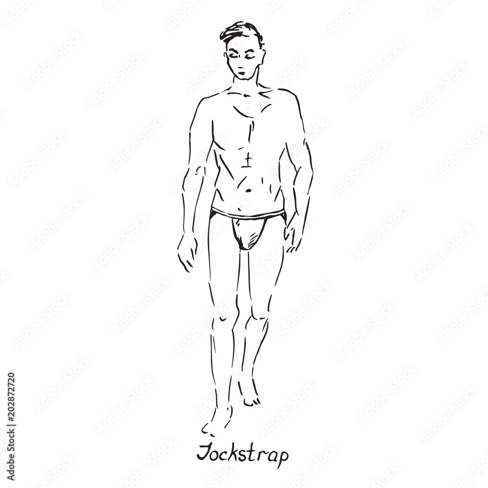 Portrait of sexy guy in jockstrap type of swimsuit with inscription, hand drawn outline doodle, sketch in pop art style, black and white vector illustration