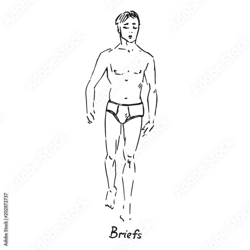 Portrait of sexy guy in briefs type of swimsuit with inscription, hand drawn outline doodle, sketch in pop art style, black and white vector illustration