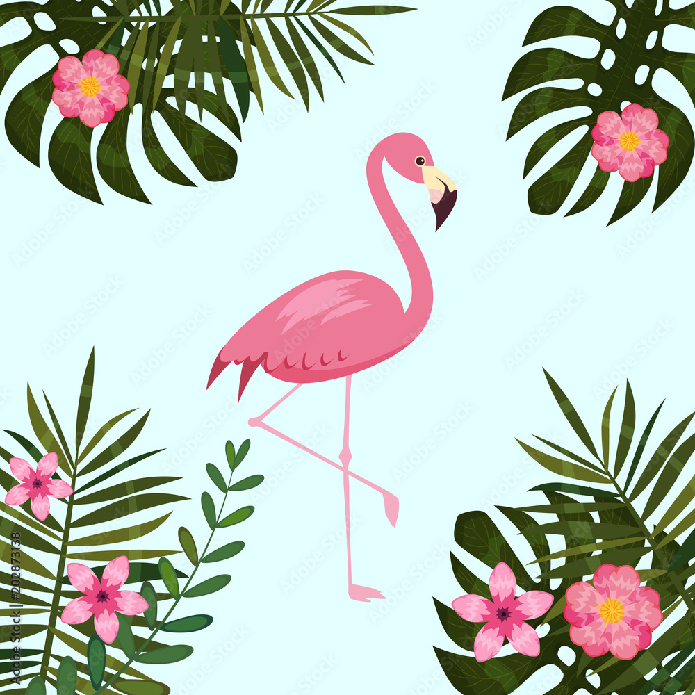 Fototapeta Tropical Flowers and Flamingo Summer Banner, Graphic Background, Exotic Floral Invitation, Flyer or Card. Modern Front Page in Vector. Cartoon style