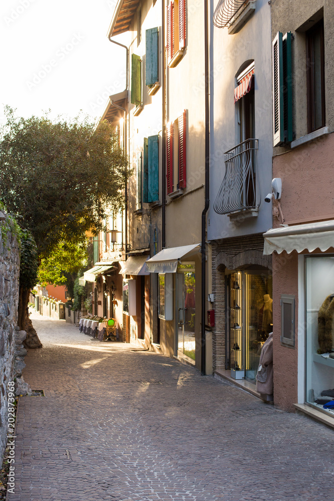 Typical Italian street with shops and green trees.
