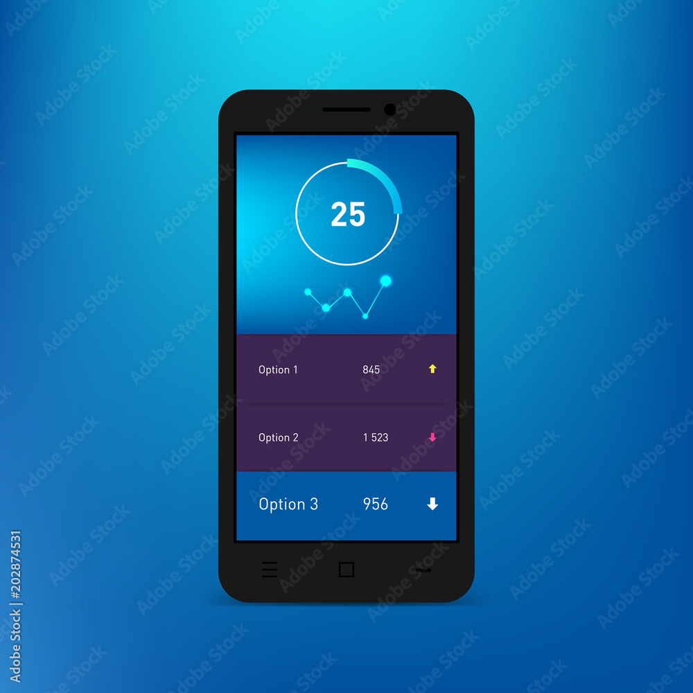Dashboard infographic template on the smartphone screen. Vector gradient mockup. Modern UI web design. Pie charts, bars, area graph.