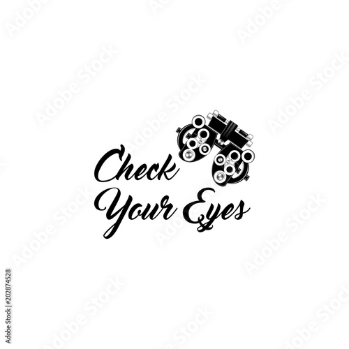 Phoropter glyph icon. Refractor. Ophthalmic testing device. Silhouette symbol. Test your eyes inscription. Vector.