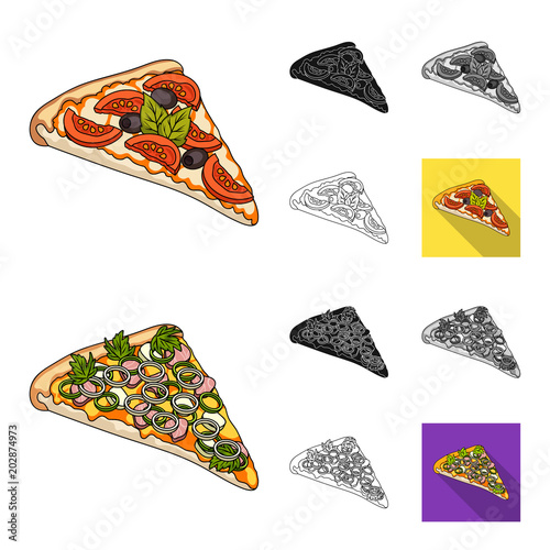Different pizza cartoon,black,flat,monochrome,outline icons in set collection for design.Pizza food vector symbol stock web illustration.