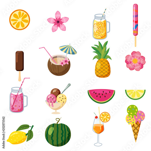 Set of tropical cute summer icons  fruits  ice cream tropical cocktailes cartoon style  isolated