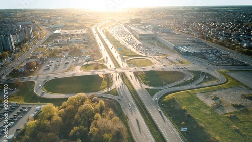 Aerial Timelapse of Highway Intersection Traffic, Kaunas, Lithuania photo