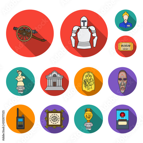 Museum and gallery flat icons in set collection for design. Storage and exhibition of showpiece vector symbol stock web illustration.