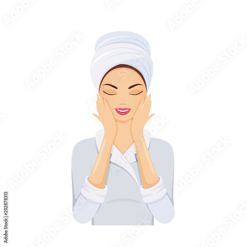 Girl smoothes the cream on her face after taking shower.