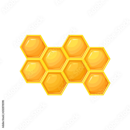 Bright cartoon icon of honeycombs. Natural farm product. Decorative flat vector element for jar of honey, promo poster or flyer