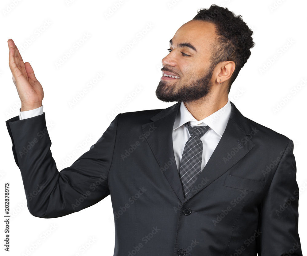 Black man businessman making presentation isolated on white background Black man businessman making presentation isolated on white background