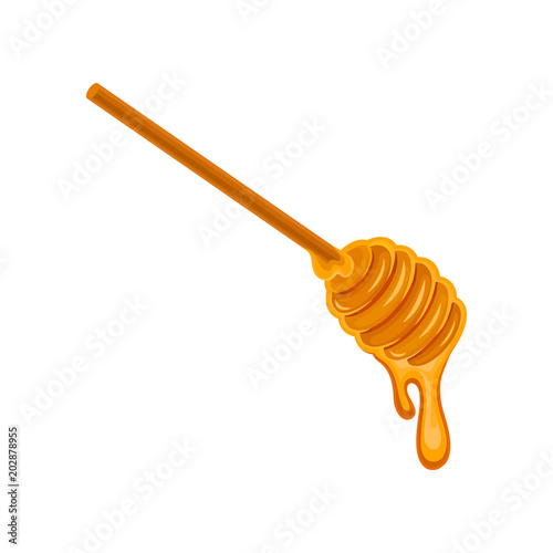 Honey dripping from wooden dipper. Natural product from apiary farm. Sweet and healthy food. flat vector icon