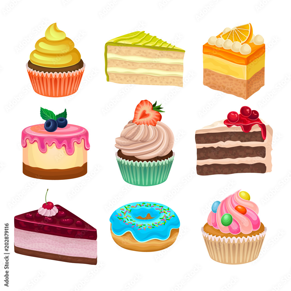 Flat vector set of various sweet desserts. Cupcakes, doughnut and cakes. Tasty baked goods. Flat vector icons Flat vector set of various sweet desserts. Cupcakes, doughnut and cakes. Tasty baked goods. Flat vector icons