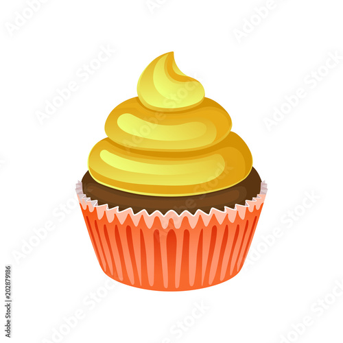 Delicious chocolate cupcake with yellow cream. Sweet food. Tasty dessert. Muffin in red wrapper baking cup. Flat vector icon