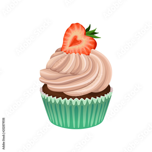 Muffin with cream and strawberry on top. Delicious cupcake in wrapper baking cup. Flat vector element for bakery store or menu
