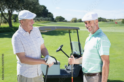 Golfing friends chatting beside their buggy
