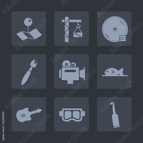 Premium set of fill icons. Such as equipment, cd, pin, paintbrush, brush, meat, work, place, camera, hammer, water, video, position, paint, marker, compact, handle, travel, sound, drill, dental, disk