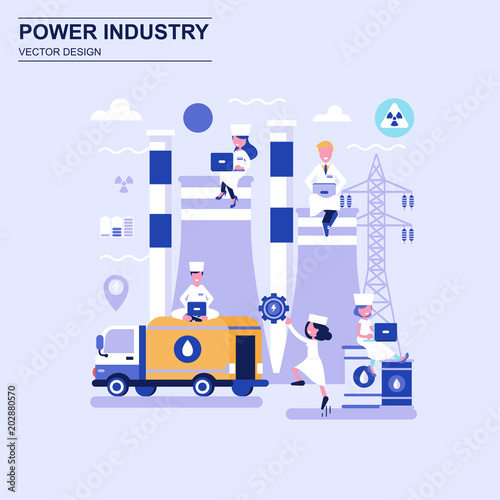 Power industry flat design concept blue style with decorated small people character.