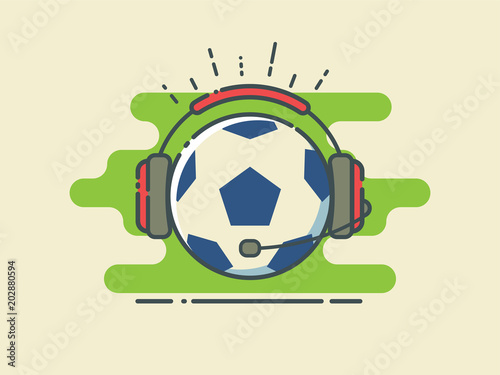 Football / Soccer Ball In Headphones With Microphone On Stylized Green Field. Sport Broadcasting.