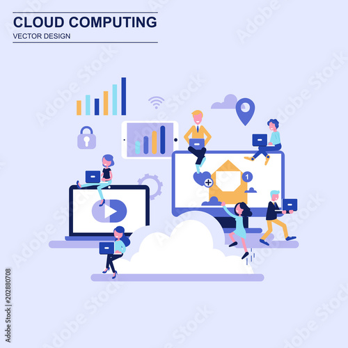 Cloud computing flat design concept blue style with decorated small people character.