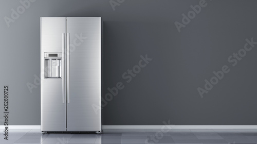 Modern side by side Stainless Steel Refrigerator. Fridge Freezer Isolated on a White Background. 3d rendering photo