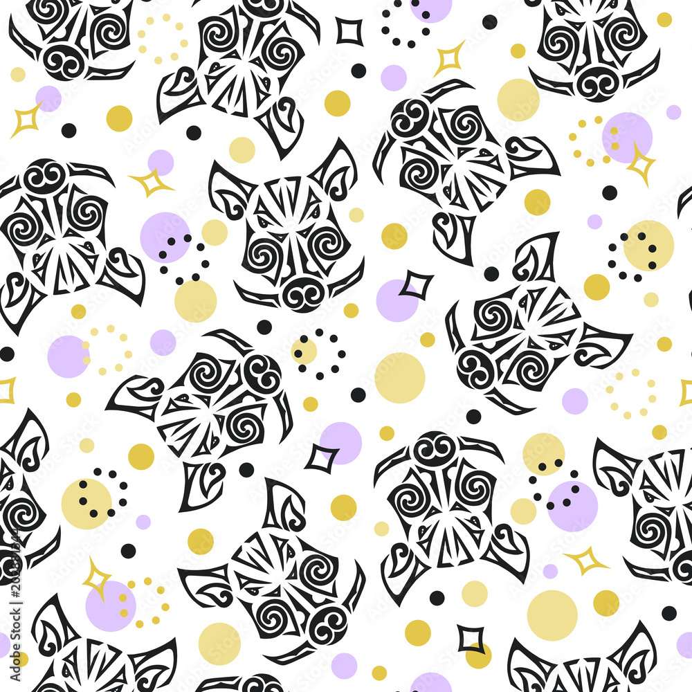 Seamless pattern with Pig or Boar's head and circles. Pig is symbol of 2019 year. Background for tattoo studio, oriental concept. Pig's, Boar's head stylized Maori face tattoo. Seamless pattern with Pig or Boar's head and circles. Pig is symbol of 2019 year. Background for tattoo studio, oriental concept. Pig's, Boar's head stylized Maori face tattoo.