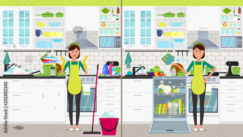 A woman in the kitchen with a dishwasher and without. Vector flat illustration.