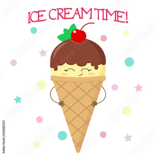 Cute smiley face of an ice cream in a waffle cone, vanilla with chocolate and cherry in the style of a cartoon against the background of the pattern and text. Vector illustration, flat.
