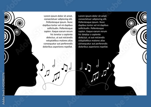 Music festival flyer, leaflet. Monochrome symmetric design, black and white. Woman face profile cut out, musical notes. Singing girls. Concert program template.