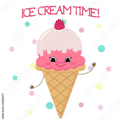 Cute smiley face of ice cream in waffle cone, Raspberry in white glaze in cartoon style on background of pattern and text. Vector illustration, flat.