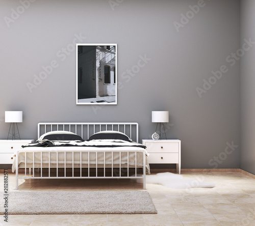 Blick auf ein Bett und ein Bild in einem Schlafzimmer