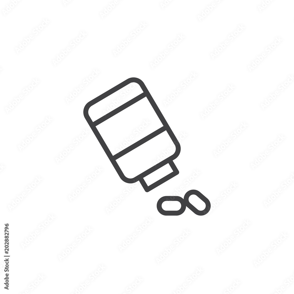 Pills bottle outline icon. linear style sign for mobile concept and web design. Medicine jar simple line vector icon. Symbol, logo illustration. Pixel perfect vector graphics Pills bottle outline icon. linear style sign for mobile concept and web design. Medicine jar simple line vector icon. Symbol, logo illustration. Pixel perfect vector graphics