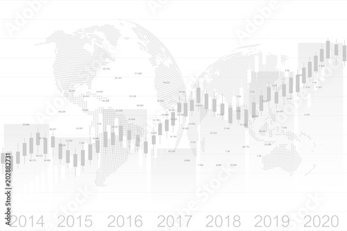 Business candle stick graph chart of stock market investment trading with world map. Stock market and exchange. Stock market data. Trend of graph. Vector illustration for your design
