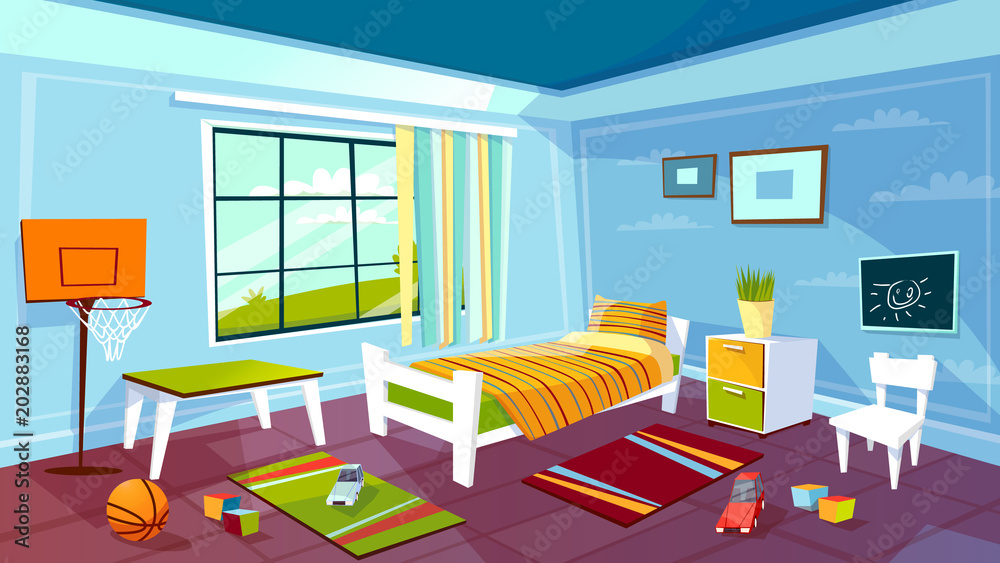 Child room vector illustration of kid boy bedroom interior background.  Cartoon flat design of teen children room furniture bed, drawer and chair  on carpet, basketball sports game equipment and toys Stock Vector |