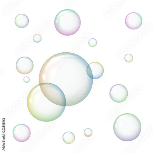 Transparent soap bubbles on white background. Vector illustration. The concept of purity.