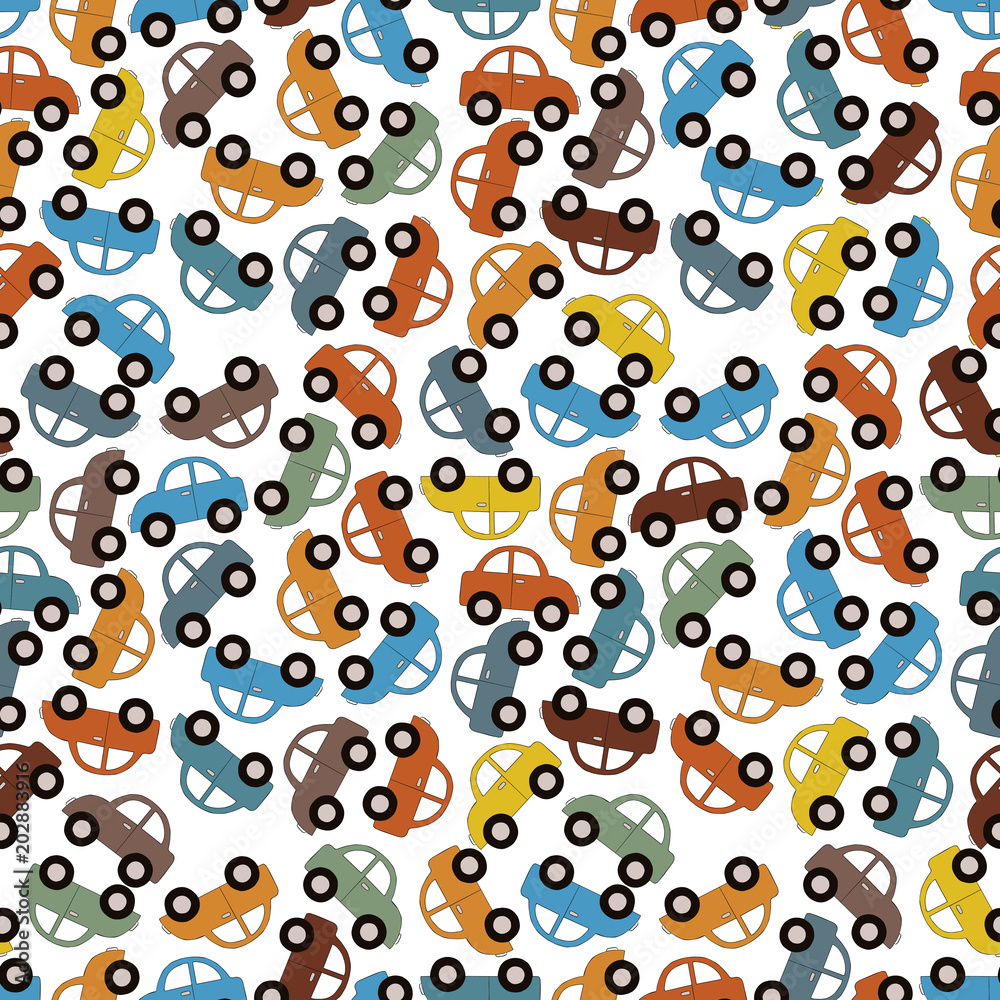 Fototapeta premium Seamless pattern background with color cartoon car. Toy transport vector illustration. Coloring cute automobile.