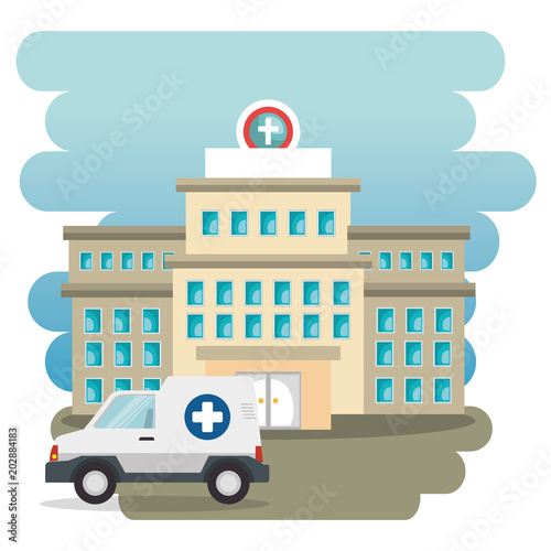 hospital building with ambulance vector illustration design