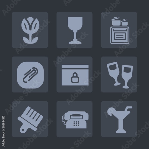 Premium set of fill icons. Such as stove, drink, page, sign, fastener, summer, paperclip, spring, white, clip, website, lock, web, cooking, alcohol, wine, drawing, document, brush, paint, red, glass