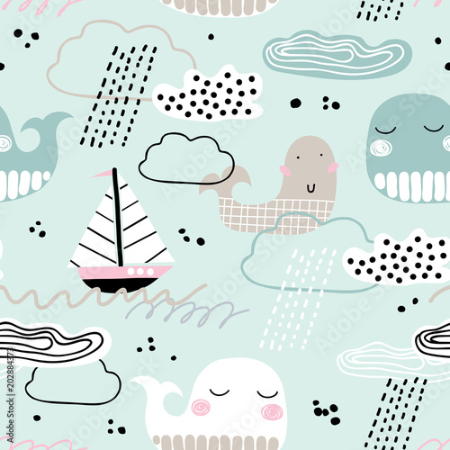 Childish seamless pattern with whale, boat, clouds and waves. Scandinavian style. Summer marina background. Perfect for fabric, textile. Vector background. Pastel colors