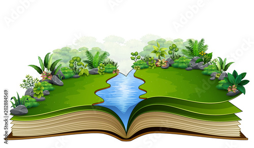 Open book with river and green plant of nature background